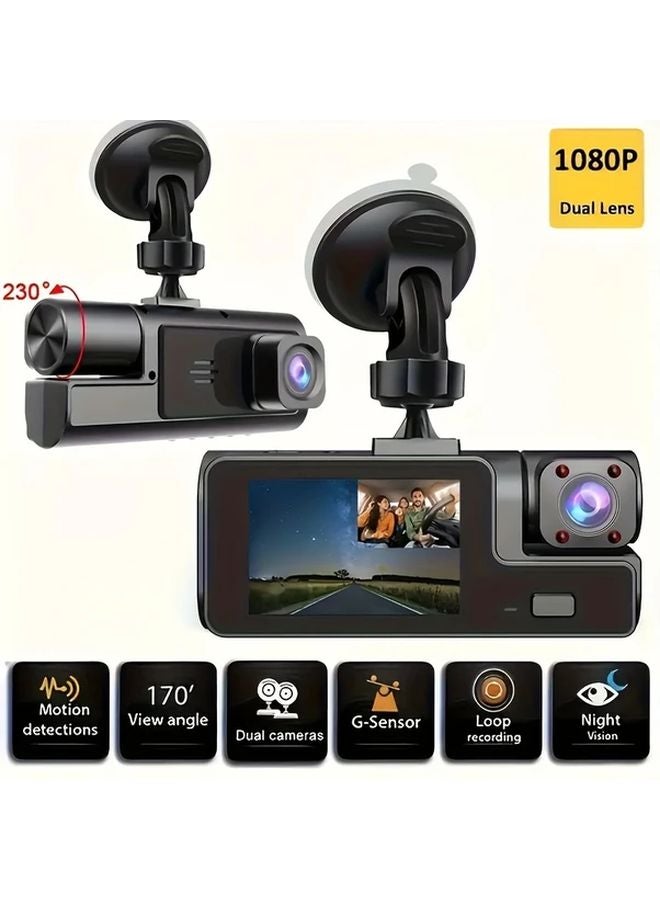 كاميرا داش مزدوجة العدسة بدقة 1080P مع بطاقة TF سعة 32 جيجابايت، رؤية ليلية، تسجيل دائري، كشف الحركة - Image 1
